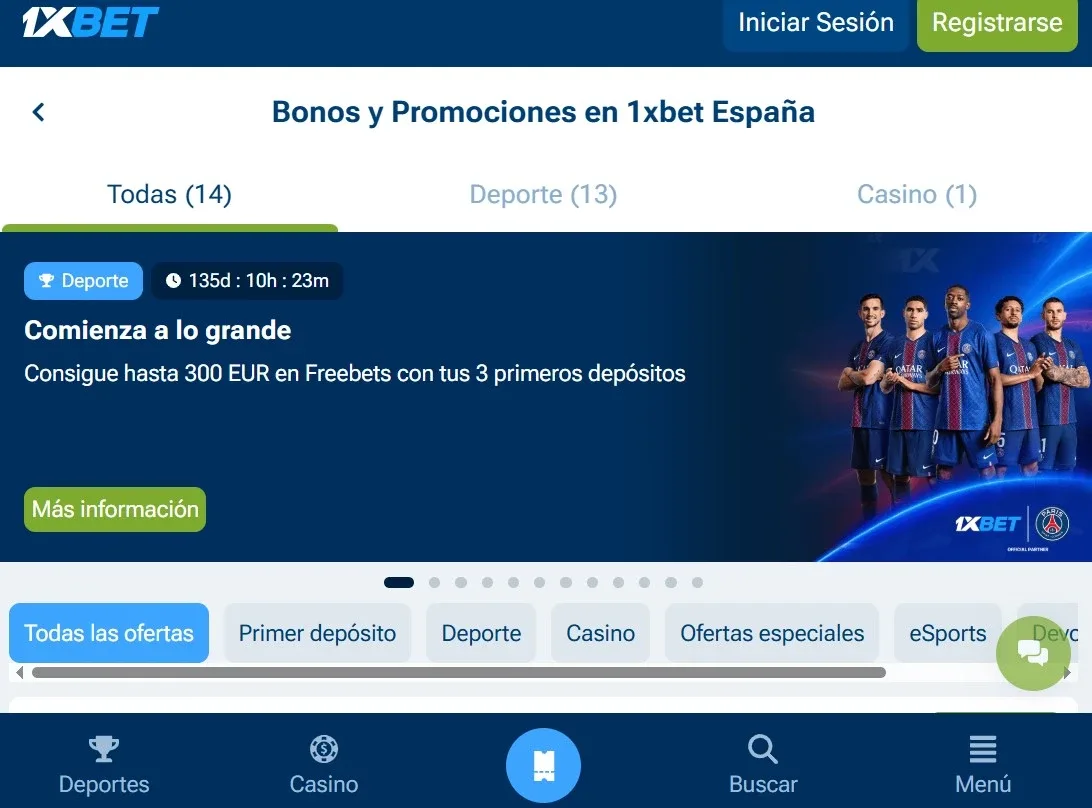Sección de bonos 1xBet para nuevos usuarios