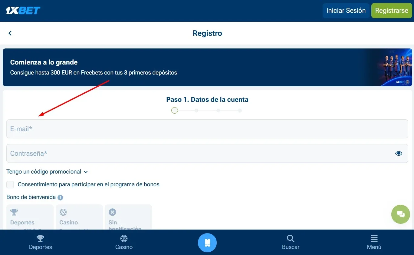 Registro y primer depósito en 1xBet
