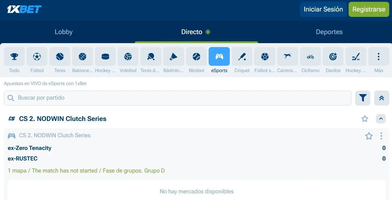 Panel LIVE con actualizaciones en directo 1xBet